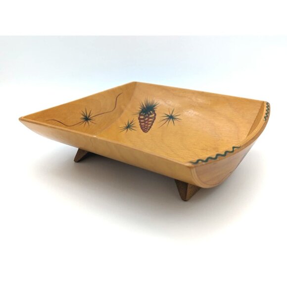 1950's Vintage Glenwood, California Wood Trenched Dish w/ Hand Painted Pinecones - Picture 5 of 10